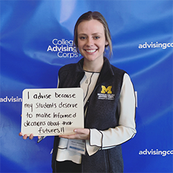 Abbie Barondess with sign "I advise because my students deserve to make informed decisions about their futures!"